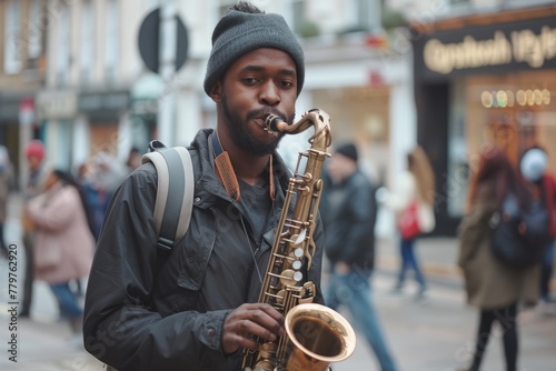 Urban Saxophonist Captivates Passersby in Fall Setting