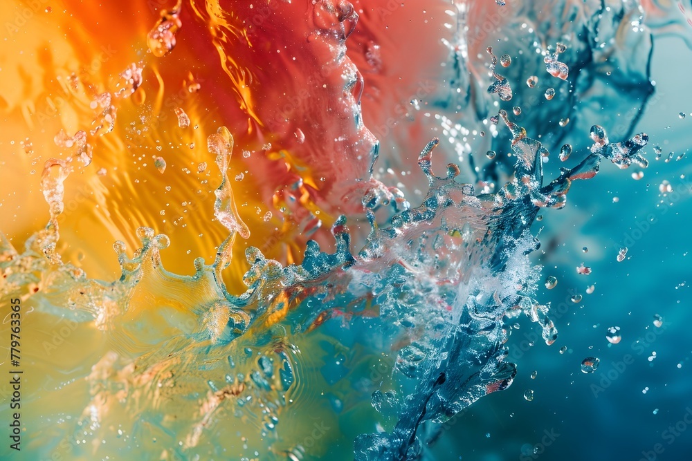 Orange water splash with drops on yellow, creating a bright, colorful texture reminiscent of grunge art, blending blue and orange hues  illustrating a liquid wave pattern