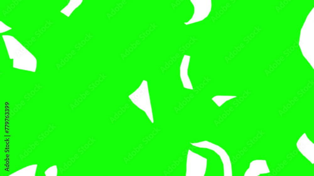 White papers falling down on green background. Green Screen for compositing and presentation.