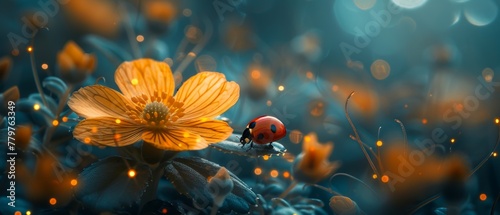 Yellow ficaria flower and ladybug in fantasy magical garden in enchanted fairy tale forest, fairytale glade on mysterious midnight background, elven magic wood in night darkness with moonlight