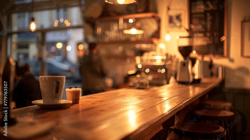 A cozy coffee shop corner with a wooden counter, blurred background of patrons, illuminated by the warm, inviting glow of rose gold light