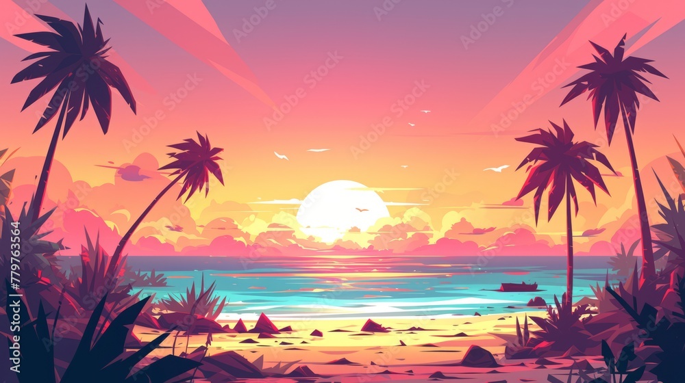 Sunset Beach Illustration: Tropical Getaway with Palm Trees