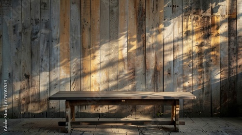 A minimalist product display on an empty wooden table against a sawmill wood backdrop, the old wall illuminated by the gentle, warm light of a setting sun