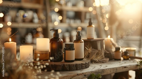 A product showcase on a rustic wooden table, under the caress of warm light at sunset, creating an inviting and cozy atmosphere