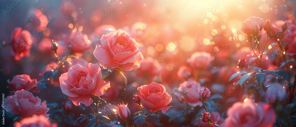 Eustoma flowers grow in a fairy tale garden full of gorgeous fairytale blooming roses in magical light on a mysterious floral background. Eustoma flowers grow in a fairy tale garden full of gorgeous fairytale blooming roses in magical light on a mysterious floral background.