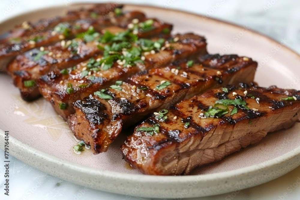 Grilled Juicy Steak Slices on a Plate Garnished with Sesame Seeds and Herbs Delicious Meat Dish for Culinary Concepts Grilled Juicy Steak Slices on a Plate Garnished with Sesame Seeds and Herbs Delicious Meat Dish for Culinary Concepts