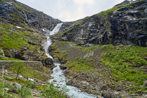 waterfall along the narrow mountain road at the Trollstigen