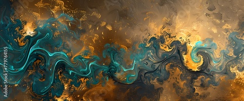 Turquoise tendrils dancing over an abstract backdrop of rich gold and steel gray.