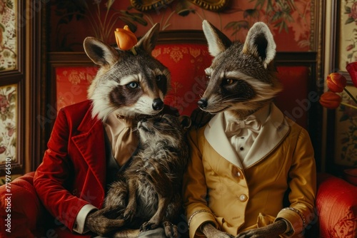 Two curious raccoons join a man in a tuxedo on a red chair in a whimsical scene of unexpected companionship