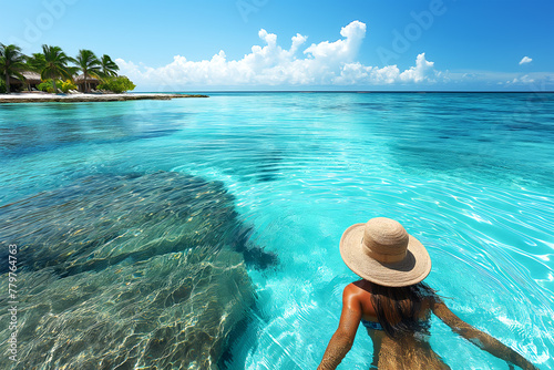 Woman swimming in turquoise ocean water on exotic island photo