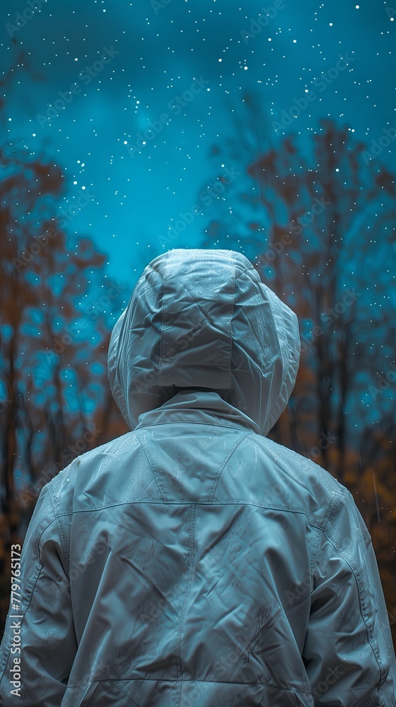 One person back view hood autumn night stars sky bare trees orange leaves One person back view hood autumn night stars sky bare trees orange leaves