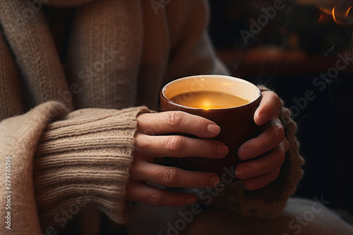 Close-up of a woman's hands in a sweater clutching a large mug of hot drink