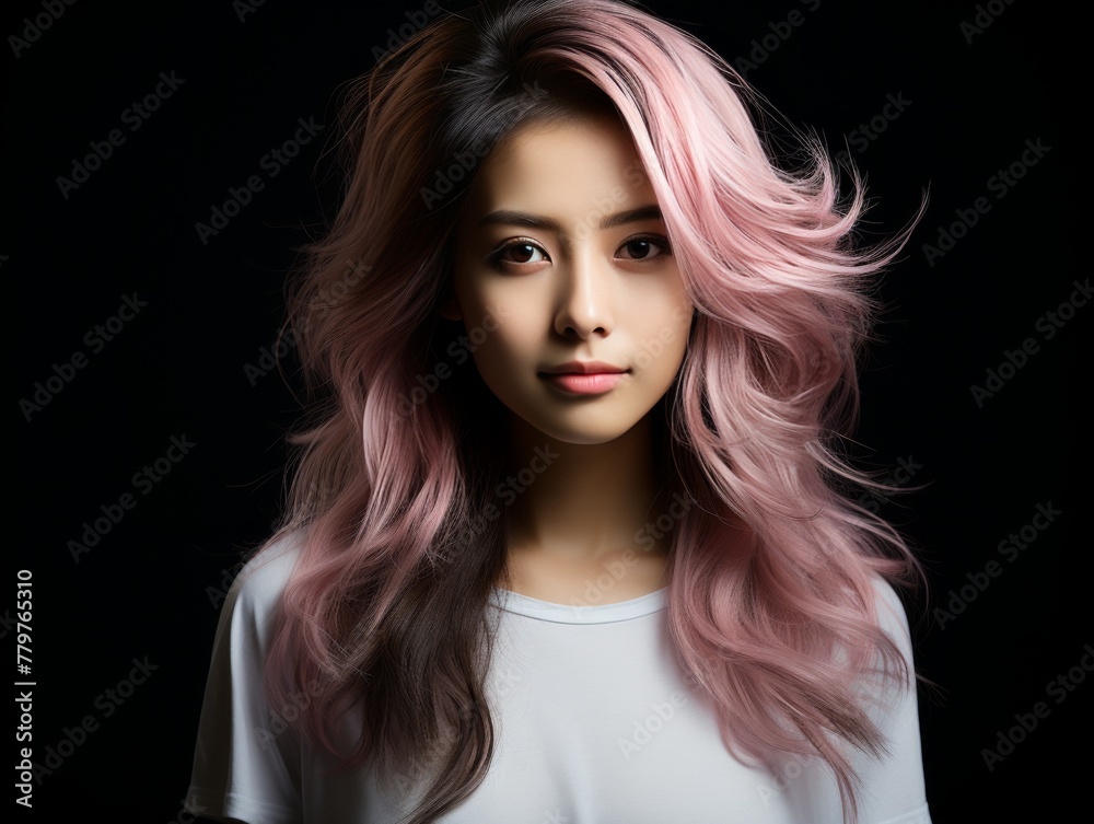 Woman With Long Pink Hair Against Black Background Woman With Long Pink Hair Against Black Background
