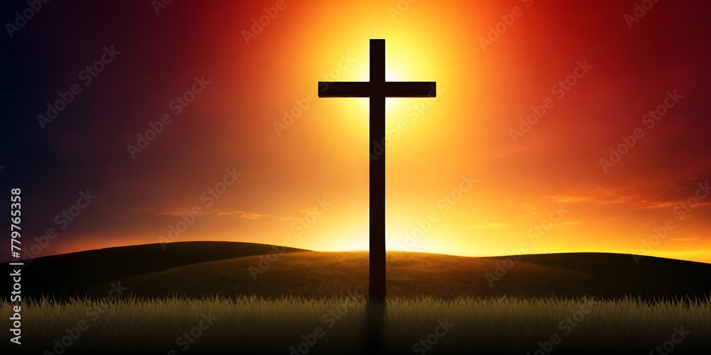 A cross stands tall in a field as the sun sets in the background, casting a warm glow over the landscape