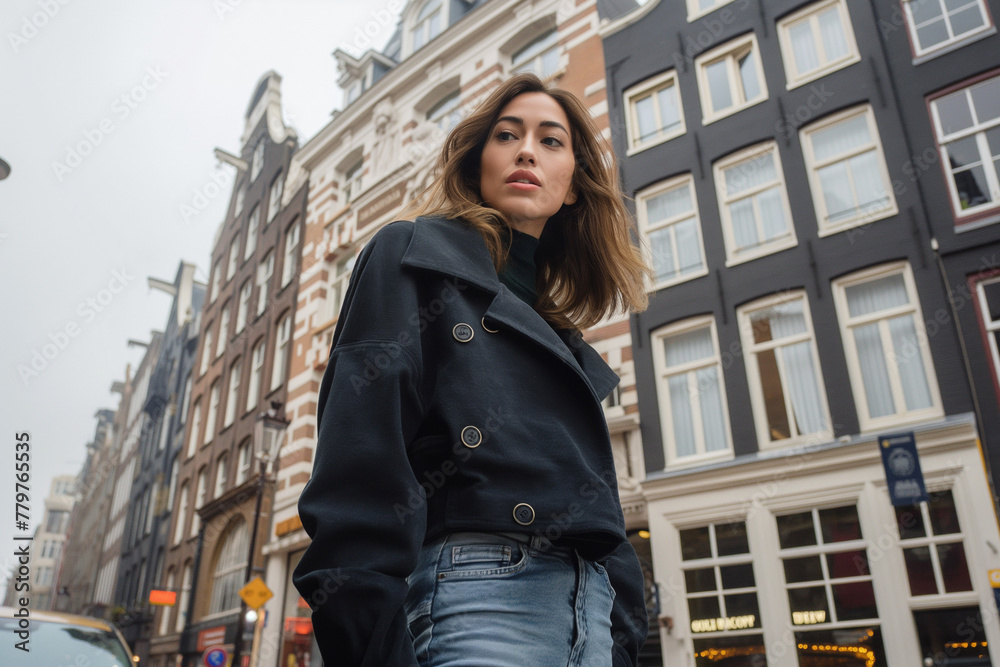 A fashionable young woman in a black jacket stands against the backdrop of classic European architecture. Bold, urban style with an elegant edge. A fashionable young woman in a black jacket stands against the backdrop of classic European architecture. Bold, urban style with an elegant edge.