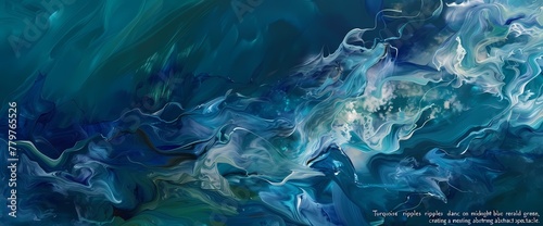 "Turquoise ripples dance on a canvas of midnight blue and emerald green, creating a mesmerizing abstract spectacle."
