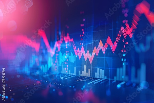 Dynamic stock market analysis with vibrant graphs and digital data display in blue and red hues..