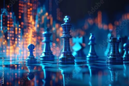 Chess pieces on a board with digital cyber city background symbolizing strategic business decisions..