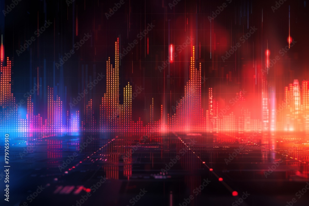 Abstract city skyline and upward financial graphs represent economic growth in a digital and futuristic setting..