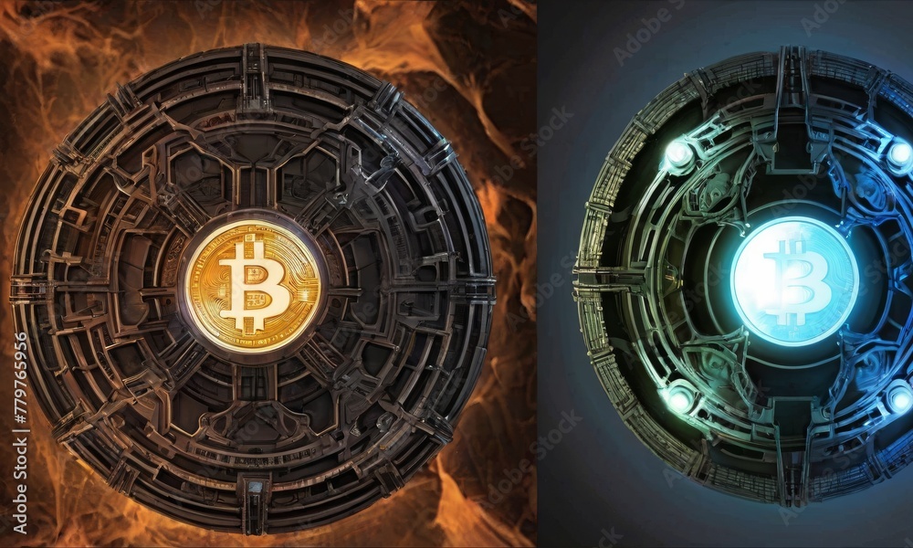 Fototapeta premium A conceptual artwork split between two scenes, each featuring a Bitcoin symbol in a stylized, high-tech vault: one bathed in warm, fiery tones, the other in cool, electronic blues. AI generation