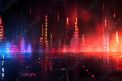 Abstract city skyline and upward financial graphs represent economic growth in a digital and futuristic setting..