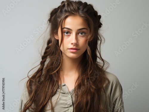Woman With Long Hair and Gray Shirt