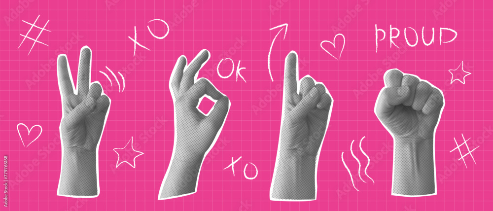 Collage design elements set in trendy y2k dotted style. Retro halftone effect. Hands different poses. Vector illustration with hand drawn elements Collage design elements set in trendy y2k dotted style. Retro halftone effect. Hands different poses. Vector illustration with hand drawn elements