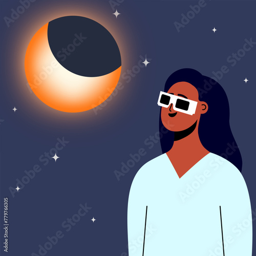 Woman wearing safety glasses watch a partial solar eclipse. Vector illustration
