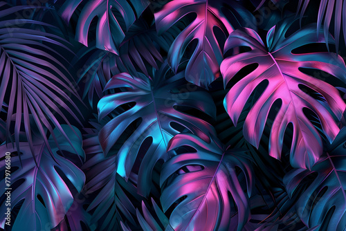 Abstract seamless pattern tropical background, illustration of exotic summer leaf and plants in neon colorful colors. Flat lay. Neon Tropical Foliage: Abstract Seamless Pattern