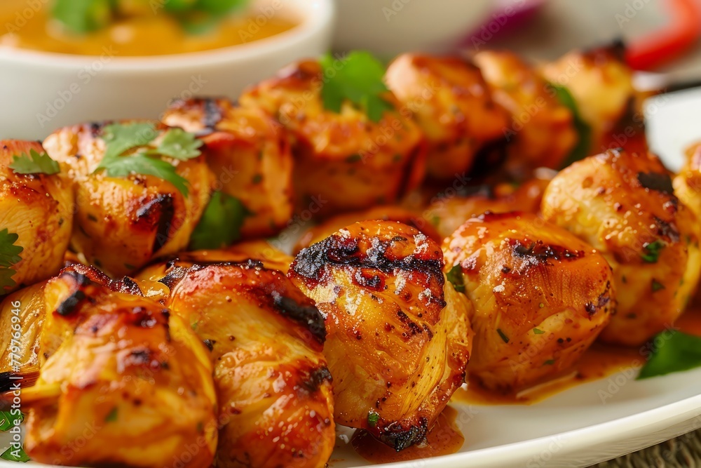 Delicious Grilled Chicken Skewers with Fresh Parsley and Dipping Sauce on a Plate