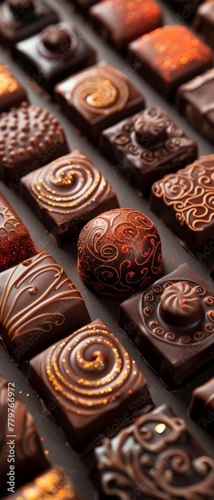 Artisan chocolate pieces with intricate designs close up Artisan chocolate pieces with intricate designs close up