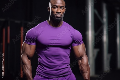 Afro American fitness model in purple t-shirt with well defined muscles © DK_2020
