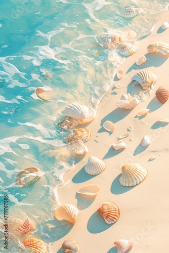 Beach Vacation Illustration: Serene Seascape with Waves and Seashells © ran