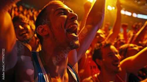 Fans enjoying in the stands of a stadium, enjoying a sports event © OZ