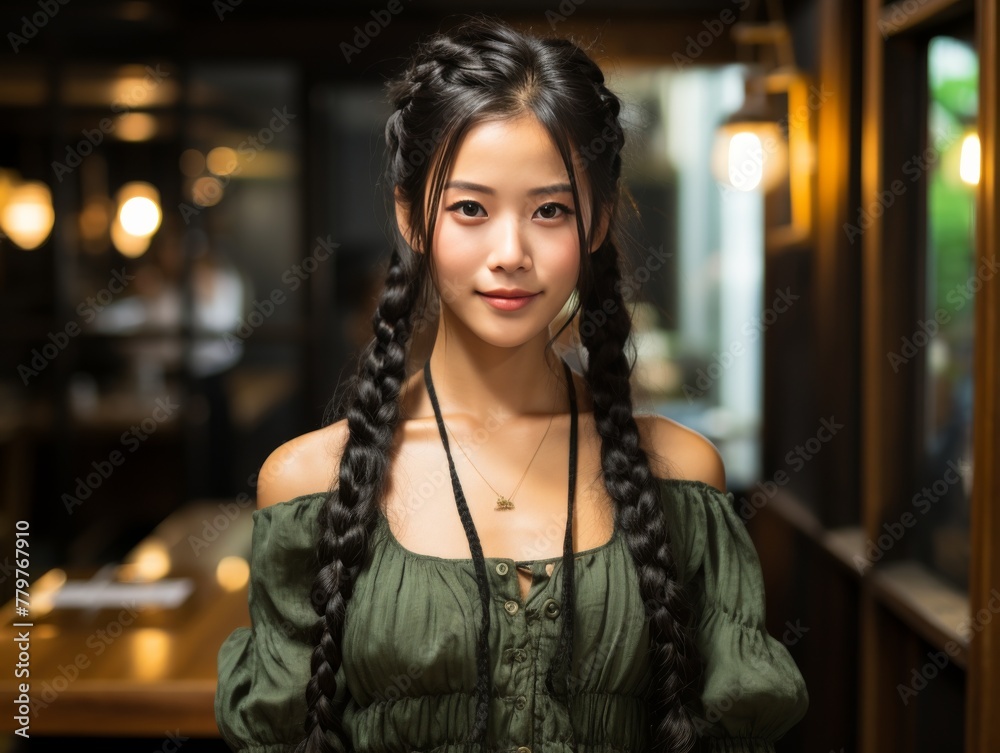 Woman With Long Braids Standing in a Restaurant Woman With Long Braids Standing in a Restaurant