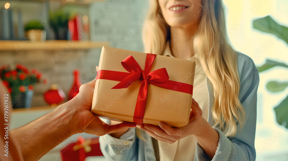 Smiling Woman Receiving a Gift Box Tied with a Red Ribbon. Special Occasion Present Exchange. Joyful Gifting Moment Captured. Perfect for Holiday Promotions. AI Smiling Woman Receiving a Gift Box Tied with a Red Ribbon. Special Occasion Present Exchange. Joyful Gifting Moment Captured. Perfect for Holiday Promotions. AI