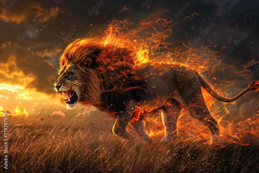 Naklejka premium Fiery Llion Roaring in Grassy Field A Majestic Wildlife Moment Captured in Stunning Detail