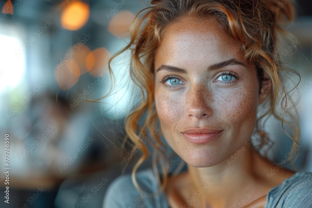 Captivating image of a freckled young woman with green eyes bathed in soft indoor lighting