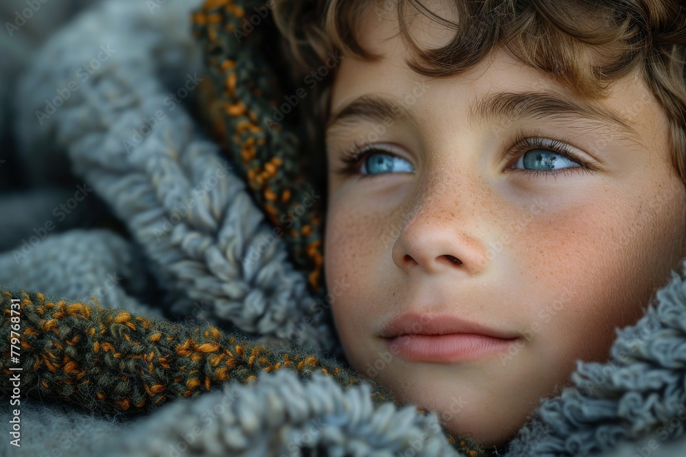 Stunning close-up of a boy's face, his clear blue eyes wrapped in the warmth of a cozy knit blanket Stunning close-up of a boy's face, his clear blue eyes wrapped in the warmth of a cozy knit blanket