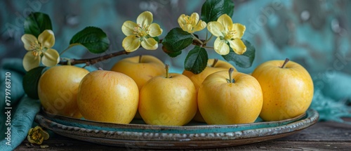 A wooden salver holds a plate of yellow apples and a knitted napkin with a twig of a blooming tree.