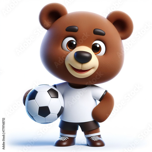 Cute character 3D image of a  brown bear  football clothes playing a football  funny  happy  smile  white background
