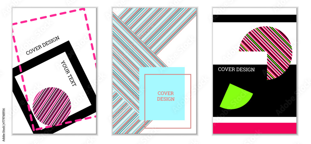 Geometric cover design, set of 3 covers. Abstract unusual background in Memphis style. Bright geometric shapes in random order