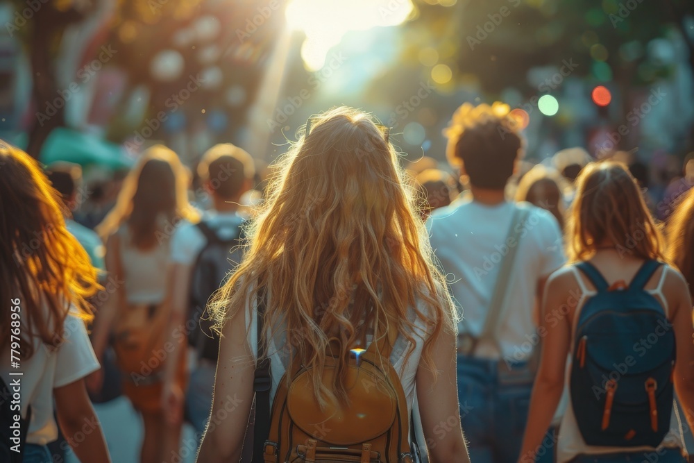 Back view of a young woman with golden hair walking alone amongst a bustling crowd at sunset in an urban setting