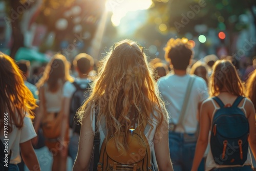 Back view of a young woman with golden hair walking alone amongst a bustling crowd at sunset in an urban setting
