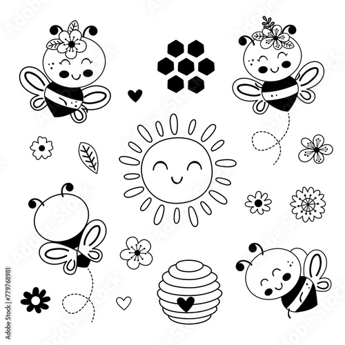 set isolated with outline cute bees, sun, flowers