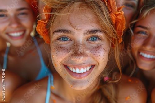 A sunlit portrait of a young woman exuding happiness with bright freckles and smile photo