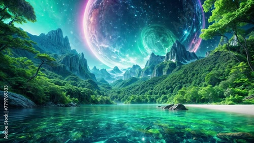 森と湖と星のファンタジーな夜の風景