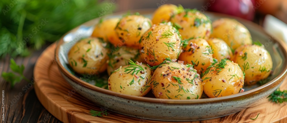 Boiled potatoes with dill on a wooden board, parsley and onions on a plate