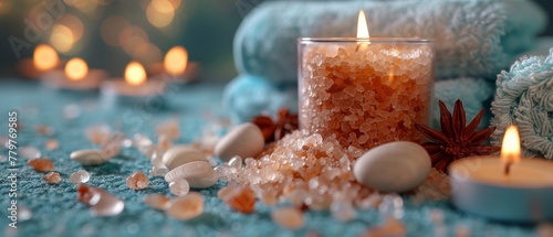 The photo shows a spa salon with sea salt, towels, and a burning candle. A vignetting effect was applied to the photo.