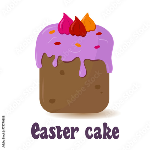 Easter cake design on a white background. Colorful Easter cake with purple glaze, decorated with small caramels and cream
